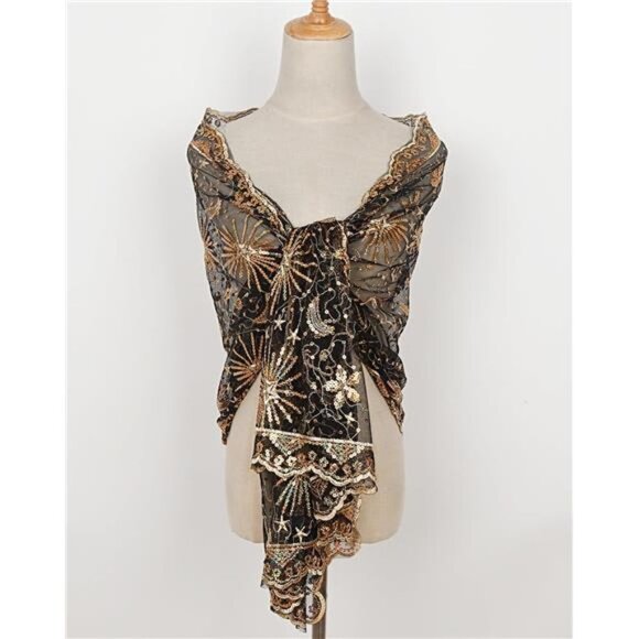 Boho Black Gold Moon & Star Sheer Mesh Sequin Embellished Shawl Wrap‎ Scarf - Picture 5 of 7